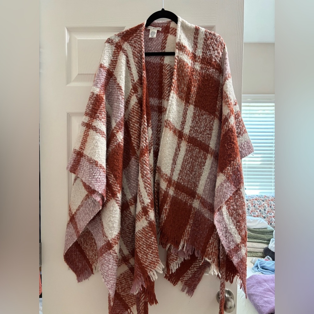 Women’s Max Studio Red,Cream and Pink Plaid Shrug Poncho